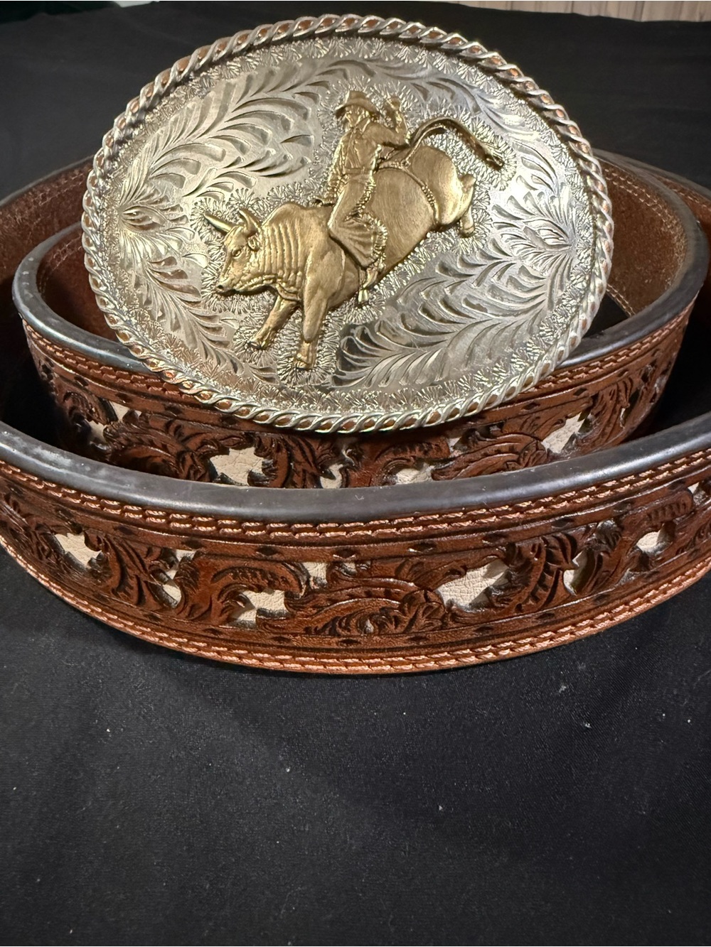Hooey Brown & Ivory Leather Belt With Silver Smith Collection Buckle Size 44 - Picture 2 of 9
